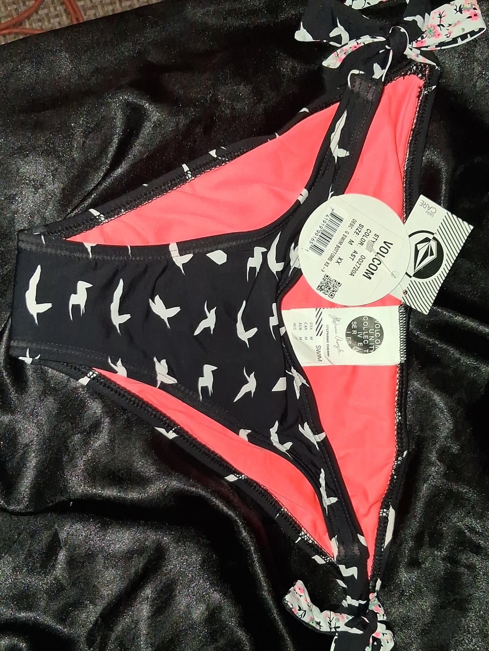 Volcom Black Seagull Print Bikini Bottom with Coral Lining